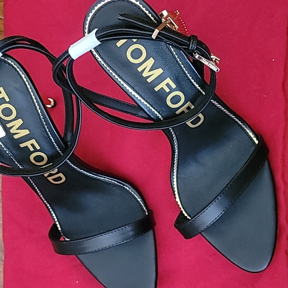 Tom Ford Black Leather Ankle-Strap Heeled Sandals with Gold Accent